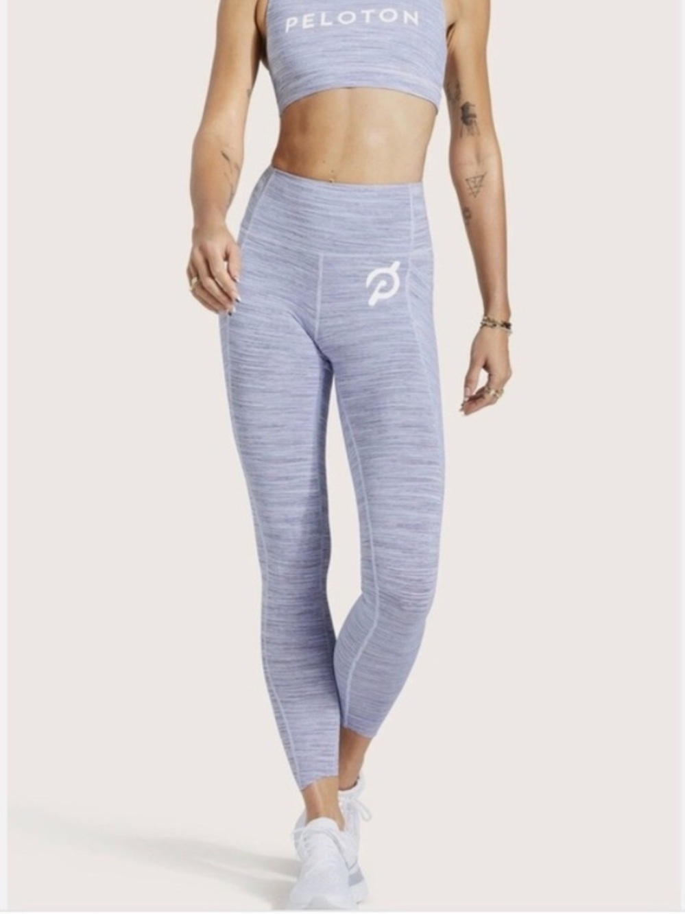 Peloton Womens Light Blue Striped Logo Performance Leggings